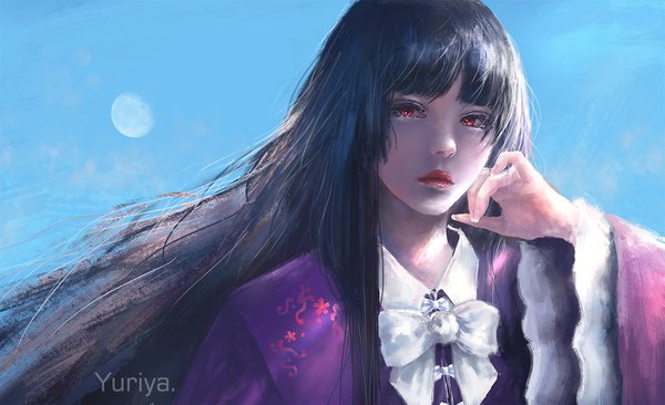 Anime picture 1400x854 with touhou houraisan kaguya yuriya single long hair looking at viewer blush fringe black hair red eyes wide image signed sky upper body blunt bangs long sleeves wind realistic wide sleeves lipstick