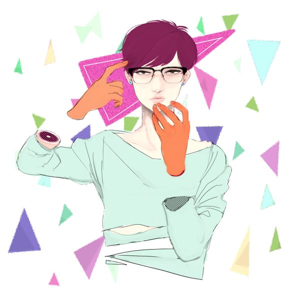 Anime picture 1318x1300 with original yomomatsu tarou single looking at viewer short hair red eyes white background purple hair boy earrings glasses hands