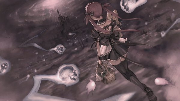 Anime picture 1920x1080 with queen's blade airi (queen's blade) highres wide image twintails red hair official art maid thighhighs bow black thighhighs hair bow hairband castle basket