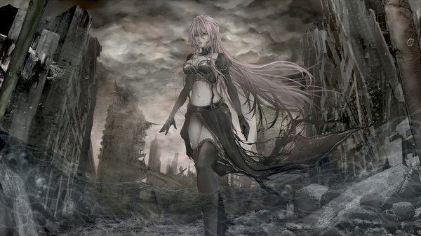 Anime picture 1000x562 with vocaloid megurine luka damien666-n single long hair fringe breasts wide image pink hair alternate costume torn clothes dark background ruins girl thighhighs gloves black thighhighs elbow gloves boots building (buildings)