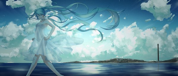 Anime picture 3100x1325 with vocaloid hatsune miku no.734 single highres wide image twintails cloud (clouds) very long hair aqua eyes wind aqua hair girl dress sea sundress