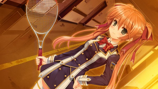 Anime picture 1024x576 with futagoza no paradox single long hair looking at viewer blush brown hair wide image twintails green eyes game cg girl thighhighs uniform bow ribbon (ribbons) hair bow hair ribbon school uniform white thighhighs tennis racket