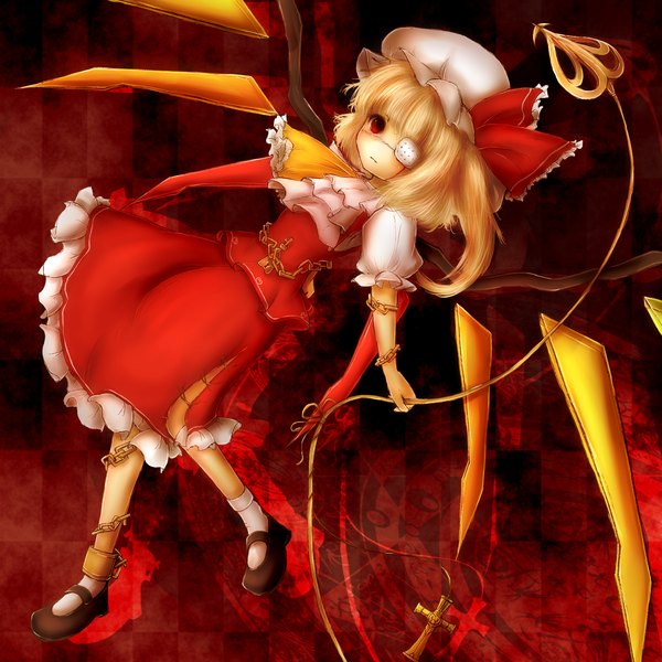 Anime picture 1900x1900 with touhou flandre scarlet amanojaku (artist) single highres short hair blonde hair red eyes one side up bandage over one eye girl dress weapon wings eyepatch bonnet crystal laevatein (touhou)