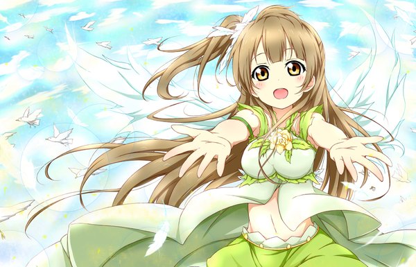 Anime picture 2100x1350 with love live! school idol project sunrise (studio) love live! minami kotori karamoneeze long hair looking at viewer blush highres open mouth brown hair yellow eyes sky cloud (clouds) one side up girl animal wings bird (birds)