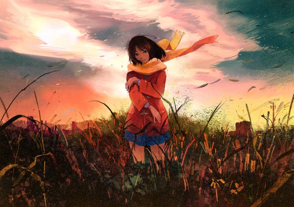 Anime picture 1275x900 with original gemi single looking at viewer fringe short hair simple background brown hair standing brown eyes sky cloud (clouds) head tilt pleated skirt wind city twilight girl skirt plant (plants)