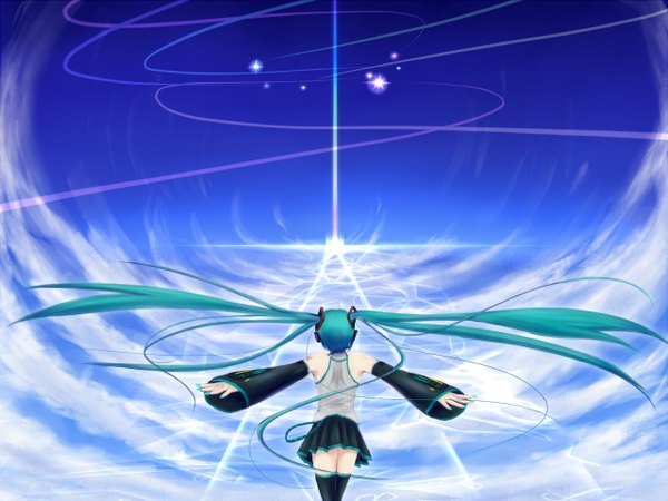 Anime picture 1280x960 with vocaloid hatsune miku blue hair sky zettai ryouiki girl skirt