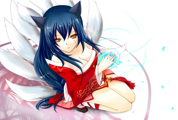 Anime picture 1400x946 with league of legends ahri (league of legends) single long hair looking at viewer animal ears yellow eyes blue hair animal tail magic facial mark multiple tails whisker markings girl