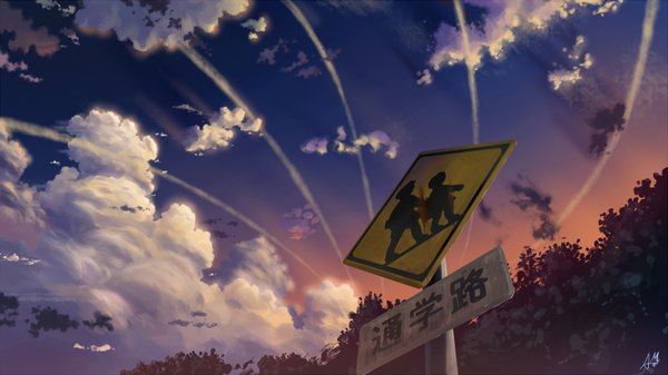 Anime picture 1600x900 with mac (artist) wide image sky cloud (clouds) evening no people landscape summer plant (plants) traffic sign