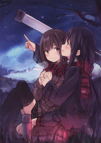 Anime picture 2117x2996 with girls log vol.4 (artbook) original kyuri long hair tall image blush highres open mouth blue eyes black hair brown hair sitting brown eyes looking away cloud (clouds) outdoors pleated skirt light smile night embarrassed