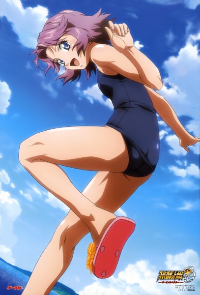 Anime picture 3578x5274 with super robot wars super robot wars original generation latooni subota kouno yoshitaka single tall image highres short hair open mouth blue eyes absurdres sky purple hair cloud (clouds) loli girl swimsuit one-piece swimsuit school swimsuit