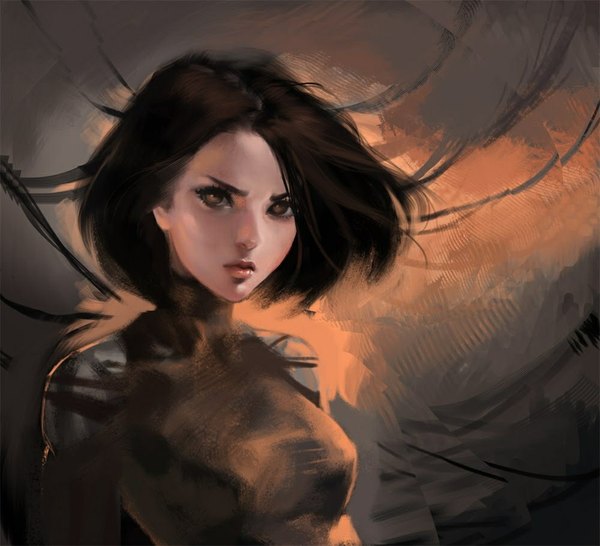 Anime picture 1000x910 with battle angel alita gally sakimichan single looking at viewer short hair black hair brown eyes wind lips blurry realistic dark background eyebrows serious brown background mechanical arms science fiction cyberpunk girl