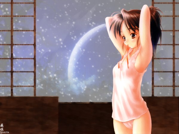 Anime picture 1280x960 with original goto p semuta single short hair light erotic brown hair holding brown eyes signed looking away armpit (armpits) underwear only mouth hold third-party edit hairdressing girl underwear panties ribbon (ribbons)