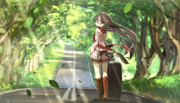 Anime picture 1920x1099 with original hong (white spider) single long hair looking at viewer highres brown hair wide image purple eyes looking back wind inscription turning head plaid skirt walking girl skirt plant (plants) miniskirt tree (trees)