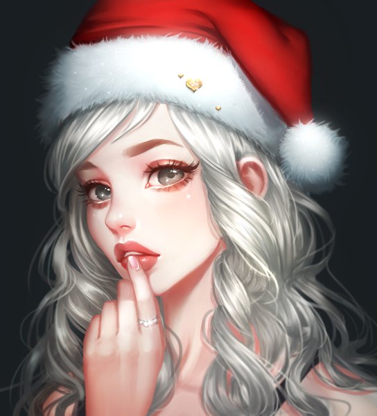 Anime picture 1826x2013 with original rena illusion single long hair tall image looking at viewer highres simple background silver hair nail polish parted lips lips black eyes realistic fur trim finger to mouth black background portrait christmas wavy hair
