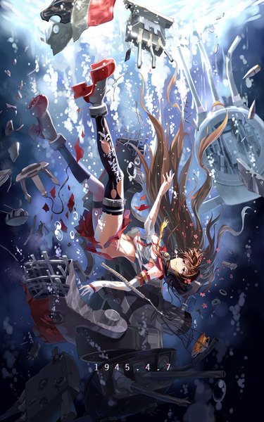 Anime picture 1200x1920 with kantai collection yamato super battleship neko (yanshoujie) single long hair tall image light erotic brown hair brown eyes full body inscription no panties torn clothes underwater broken death girl thighhighs skirt flower (flowers)
