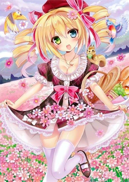 Anime picture 2236x3147 with original youta single long hair tall image blush highres open mouth blonde hair cleavage heterochromia drill hair girl thighhighs dress flower (flowers) bow ribbon (ribbons) hair ribbon animal