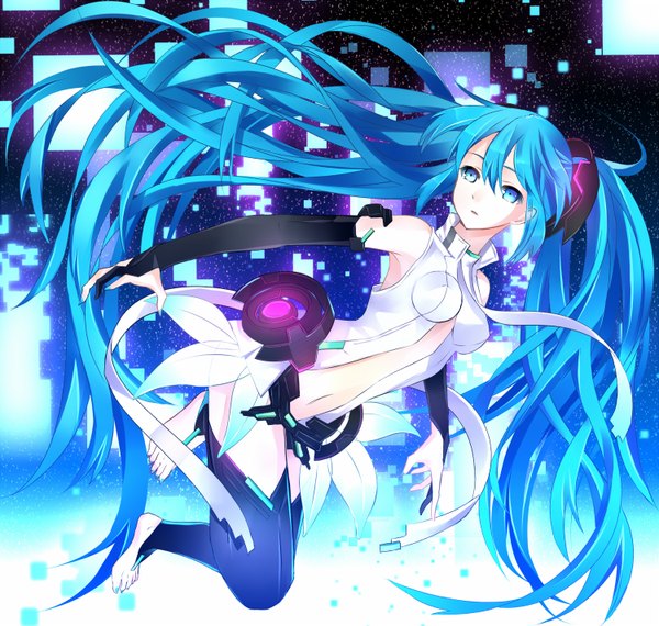 Anime picture 1500x1426 with vocaloid vocaloid append hatsune miku hatsune miku (append) yuna (rutera) single long hair blue eyes twintails blue hair nail polish barefoot girl detached sleeves necktie
