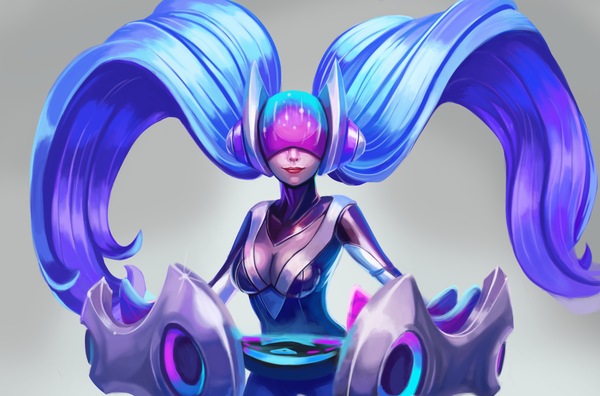 Anime picture 2600x1720 with league of legends sona buvelle aoshi7 (artist) single highres breasts simple background twintails blue hair very long hair lips grey background girl bodysuit helmet