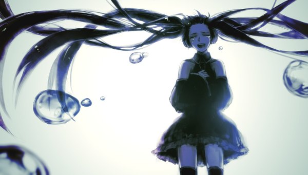 Anime picture 1310x745 with vocaloid hatsune miku ohagi (ymnky) single breasts open mouth wide image standing twintails eyes closed very long hair wind grey background tears hand on chest flat chest singing girl thighhighs dress