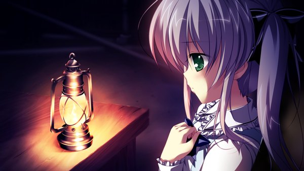 Anime picture 1280x720 with root double kotono yuuri long hair wide image twintails green eyes game cg grey hair girl dress ribbon (ribbons) hair ribbon lamp