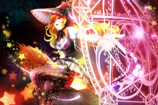 Anime picture 1200x800 with touhou kirisame marisa i wanna (artist) single long hair blonde hair sitting brown eyes crossed legs magic witch pointing girl thighhighs dress black thighhighs belt star (symbol) witch hat broom
