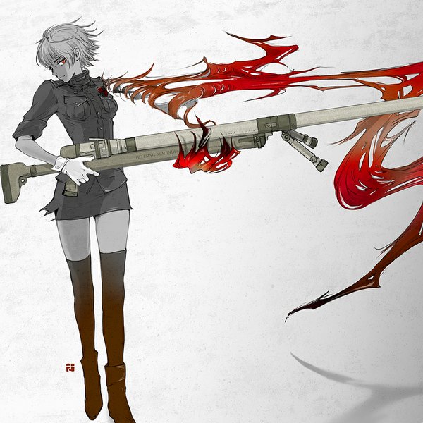 Anime picture 1000x1000 with hellsing seras victoria sapon244 single looking at viewer short hair simple background red eyes grey hair twisty sleeves girl skirt gloves uniform weapon white gloves gun thigh boots military uniform single glove