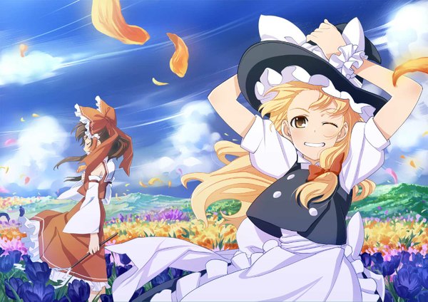 Anime picture 1500x1061 with touhou hakurei reimu kirisame marisa saki no shingetsu long hair blonde hair smile brown hair bare shoulders multiple girls brown eyes sky cloud (clouds) eyes closed one eye closed wind wink witch girl dress