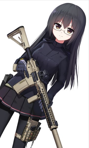 Anime picture 909x1502 with original hagi (ame hagi) single long hair tall image looking at viewer fringe black hair simple background standing white background brown eyes pleated skirt light smile clothes writing trigger discipline girl skirt gloves weapon