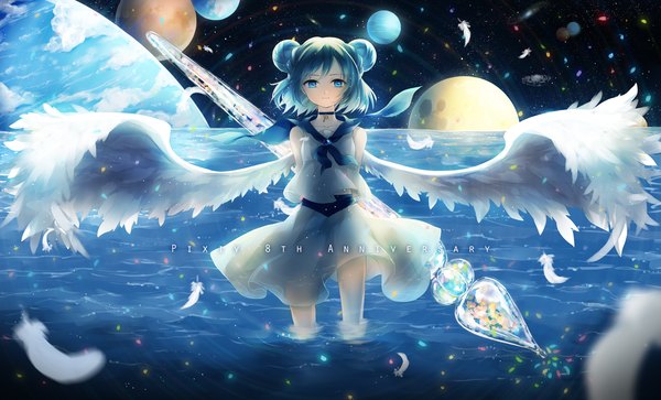 Anime picture 1500x909 with original pixiv-tan ceru single looking at viewer short hair blue eyes wide image blue hair hair bun (hair buns) girl dress wings water feather (feathers) planet galaxy
