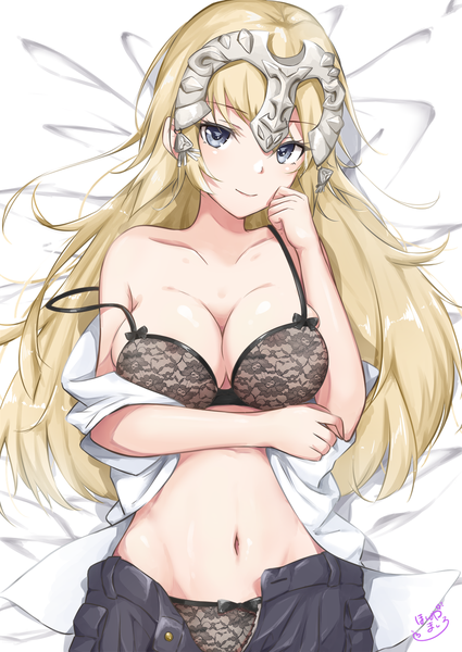 Anime picture 1062x1500 with fate (series) fate/apocrypha jeanne d'arc (fate) (all) jeanne d'arc (fate) hoshimiya mashiro single long hair tall image looking at viewer blush fringe breasts light erotic blonde hair large breasts white background signed light smile groin undressing