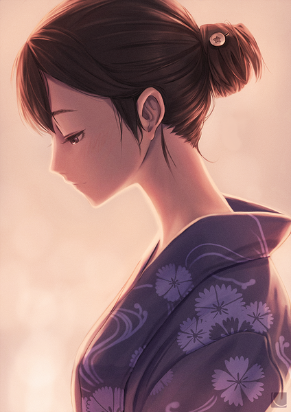 Anime picture 800x1132 with original carv single long hair tall image fringe simple background brown hair brown eyes looking away traditional clothes japanese clothes profile sunlight hair bun (hair buns) looking down close-up girl kimono
