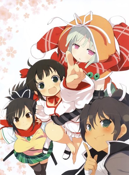 Anime picture 4071x5507 with senran kagura asuka (senran kagura) homura (senran kagura) naraku (senran kagura) kagura (senran kagura) yaegashi nan tall image blush highres short hair open mouth black hair smile red eyes multiple girls absurdres ahoge ponytail :d pleated skirt