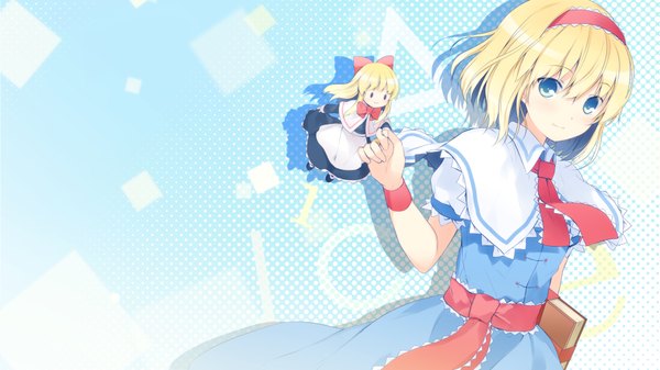 Anime picture 1920x1080 with touhou alice margatroid 6u (eternal land) looking at viewer highres short hair blue eyes blonde hair wide image wallpaper girl dress hairband book (books) doll (dolls)
