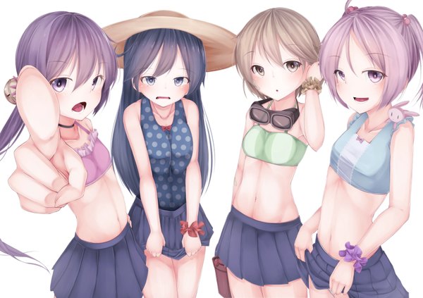 Anime picture 1700x1200 with kantai collection ushio destroyer akebono destroyer sazanami destroyer oboro destroyer waterdog long hair blush short hair open mouth blue eyes light erotic simple background smile brown hair white background purple eyes twintails multiple girls brown eyes
