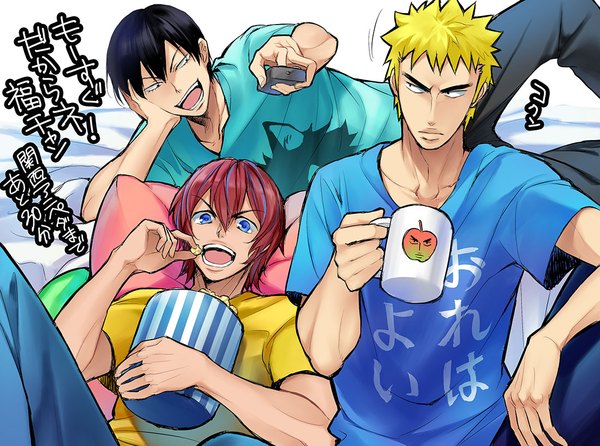 Anime picture 1100x818 with yowamushi pedal arakita yasutomo shinkai hayato fukutomi juichi kisaragi mizu looking at viewer fringe short hair open mouth blue eyes black hair blonde hair hair between eyes sitting looking away red hair lying multiple boys text outstretched arm