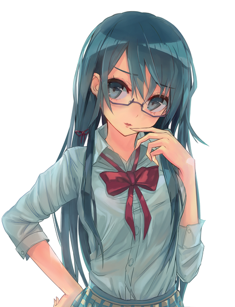 Anime picture 1350x1759 with yahari ore no seishun love comedy wa machigatteiru. brains base (studio) yukinoshita yukino aimee (origin) single long hair tall image looking at viewer blush fringe simple background smile hair between eyes white background upper body parted lips head tilt pleated skirt aqua eyes aqua hair