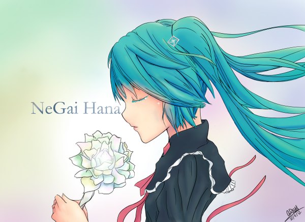 Anime picture 2500x1818 with vocaloid hatsune miku tagme (artist) single long hair highres twintails signed eyes closed profile aqua hair inscription tears girl dress flower (flowers) ribbon (ribbons) black dress