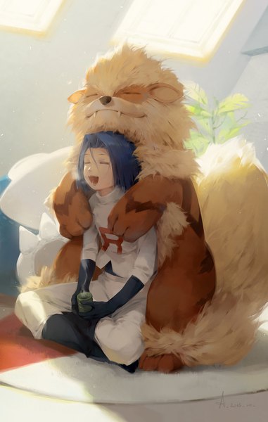 Anime picture 1140x1794 with pokemon pokemon black and white nintendo arcanine snorlax james (pokemon) a-shacho tall image short hair open mouth smile sitting holding blue hair indoors eyes closed hug crossed legs exhalation steam