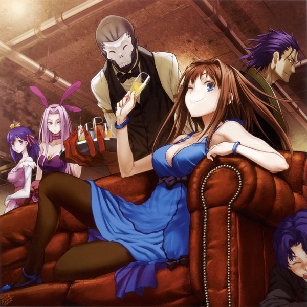 Anime picture 5301x5306 with fate (series) fate/stay night mahou tsukai no yoru type-moon matou sakura rider aozaki aoko assassin (fate/zero) matou zouken long hair tall image looking at viewer blush highres short hair breasts blue eyes smile brown hair purple eyes