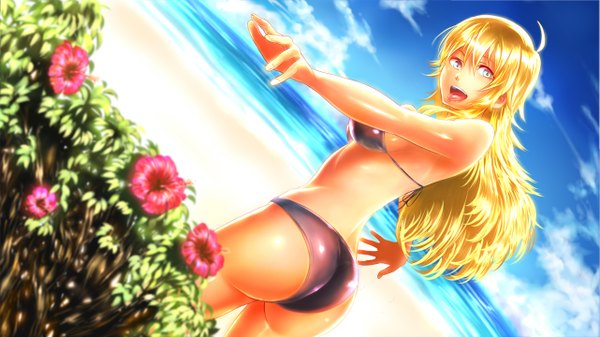Anime picture 1281x720 with idolmaster hoshii miki dara single long hair looking at viewer open mouth blue eyes light erotic blonde hair wide image sky cloud (clouds) ass beach girl swimsuit bikini tongue sea
