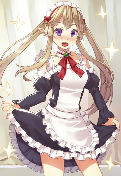 Anime picture 689x1000 with outbreak company feel (studio) myucel foalan kibanda gohan single long hair tall image looking at viewer blush open mouth brown hair purple eyes twintails sparkle maid girl detached sleeves headdress maid headdress