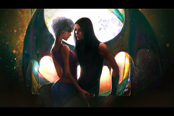 Anime picture 1024x686 with original anndr (artist) long hair short hair blue eyes black hair red eyes standing sitting bare shoulders silver hair purple hair from behind sleeveless couple back face to face framed bat wings girl