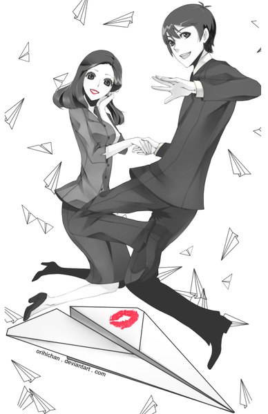Anime picture 1244x1920 with paperman (disney) disney persona92 (orichie) tall image looking at viewer short hair open mouth simple background white background full body couple lipstick holding hands monochrome girl boy suit paper airplane