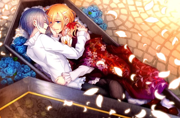 Anime picture 1522x1000 with uta no prince-sama a-1 pictures jinguji ren hijirikawa masato tomoe kiko long hair short hair blue eyes blonde hair smile blue hair purple hair bent knee (knees) lying braid (braids) eyes closed profile light smile wind sunlight