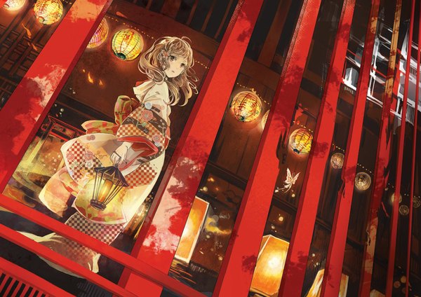 Anime picture 1001x708 with original sakuragi kei single long hair brown hair brown eyes traditional clothes japanese clothes looking back lightning girl hair ornament kimono insect butterfly