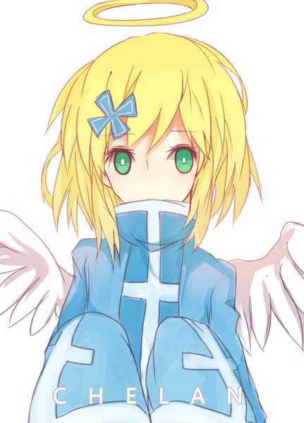 Anime picture 1150x1600 with haiiro teien chelan ryotaruu single tall image looking at viewer fringe short hair simple background blonde hair white background green eyes upper body character names sleeves past wrists angel wings angel girl wings halo