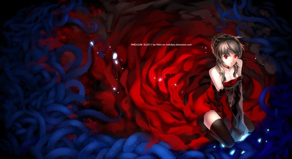 Anime picture 1280x698 with original myhilary single long hair red eyes brown hair wide image bare shoulders from above inscription kneeling girl thighhighs dress black thighhighs