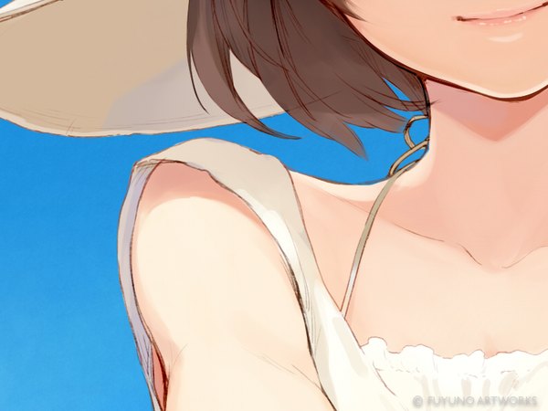 Anime picture 800x600 with original yuranpo single short hair brown hair signed sky light smile wind lips portrait close-up face girl dress swimsuit hat white dress hand