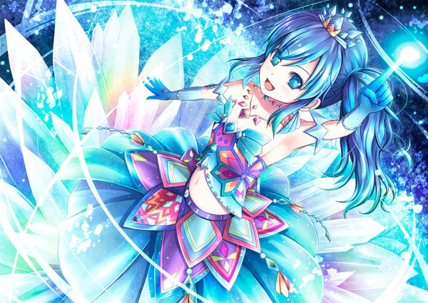 Anime picture 1525x1080 with aikatsu! kiriya aoi akashio (loli ace) single looking at viewer blush open mouth blue eyes blue hair ponytail from above side ponytail girl skirt gloves navel elbow gloves jewelry necklace skirt set