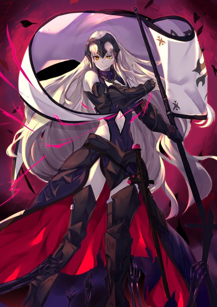 Anime picture 1254x1771 with fate (series) fate/grand order fate/apocrypha jeanne d'arc (fate) (all) jeanne d'arc alter (fate) jeanne d'arc alter (avenger) (third ascension) (fate) haik single long hair tall image looking at viewer fringe blonde hair smile standing holding yellow eyes girl weapon sword